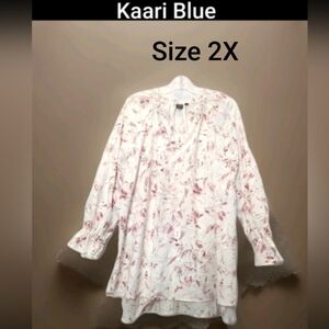 Women's Kaari Blue Round Ruffleneck Size 2X Long Ruffle Sleeve Floral Cream Pink